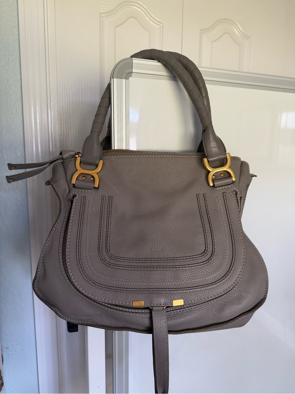 Chloe Marcie Taupe Pebbled Leather Satchel with Gold Hardware